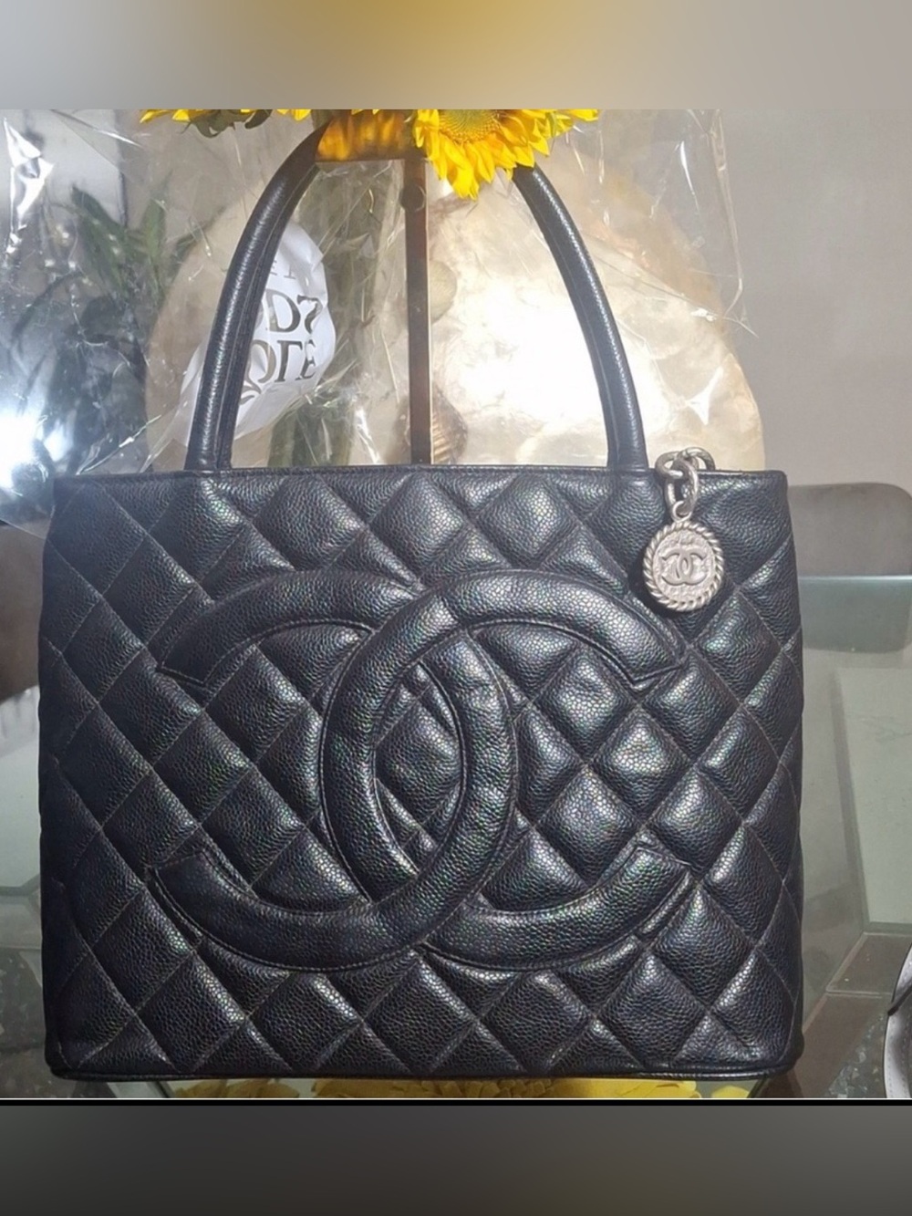 Chanel Black Quilted Tote with Silver Charm with COA card